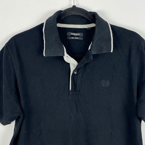 Van Heusen Polo T Shirt Size L Black Short Sleeve Button Up Collared Cotton - Picture 2 of 9